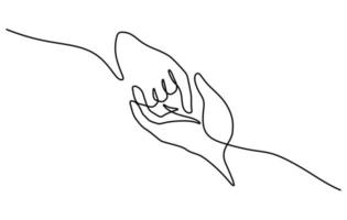 continuous line drawing of hands together holding and touching vector