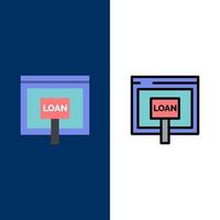 crédito internet préstamo dinero en línea iconos plano y línea llena conjunto de iconos vector fondo azul