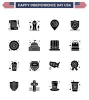 USA Independence Day Solid Glyph Set of 16 USA Pictograms of place star location police protection Editable USA Day Vector Design Elements