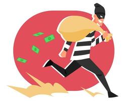 illustration of a thief stealing a lot of money and running away. money falling. masked. criminal. bad people. theft. work, etc. flat vector illustration