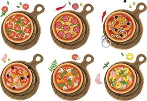 conjunto de pizzas con varios rellenos. ilustración. vector