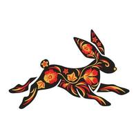 Black and red Khokhloma painting hare new year, easter, boho, vintage, vector