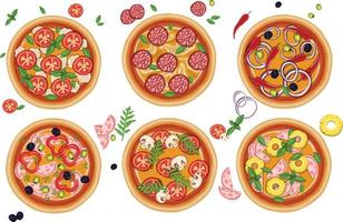 conjunto de pizzas con varios rellenos. ilustración. vector