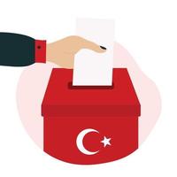 Turkey 2023 president elections illustration. Hand puts paper in box with Turkish flag. vector