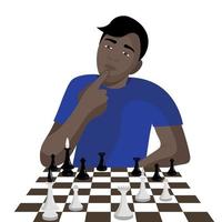 A dark-skinned guy sits and thinks at a chessboard, touches his chin with his index finger, flat vector, isolate on white vector