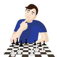 The guy sits thinking at the chessboard, touches his chin with his index finger, flat vector, isolate on white vector