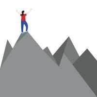 A girl stands on top of a mountain, with her back to us, raising her hands up, a flat vector, isolates on white vector