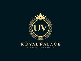 Letter UV Antique royal luxury victorian logo with ornamental frame. vector