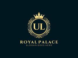 Letter UL Antique royal luxury victorian logo with ornamental frame. vector