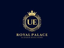 Letter UE Antique royal luxury victorian logo with ornamental frame. vector