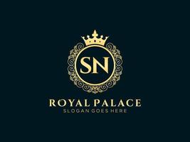 Letter SN Antique royal luxury victorian logo with ornamental frame. vector