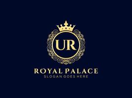 Letter UR Antique royal luxury victorian logo with ornamental frame. vector