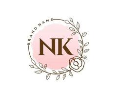 logotipo femenino inicial nk. utilizable para logotipos de naturaleza, salón, spa, cosmética y belleza. elemento de plantilla de diseño de logotipo de vector plano.