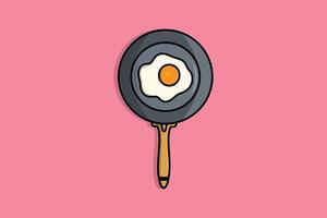 Egg Fried in Fry Pan vector illustration. Breakfast food icon concept. Pan up view on pink background vector design.