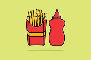 French Fries in Fries Box with Tomato Sauce Bottle vector illustration. Fast Food icon concept. Children potato food vector design.