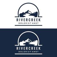 Logos of rivers, creeks, riverbanks and streams. River logo with combination of mountains and farmland with concept design vector illustration template.