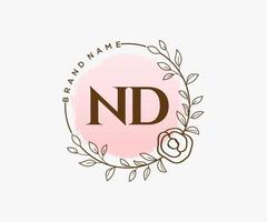 Initial ND feminine logo. Usable for Nature, Salon, Spa, Cosmetic and Beauty Logos. Flat Vector Logo Design Template Element.