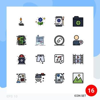 conjunto de pictogramas de 16 líneas llenas de colores planos simples del menú nueva carpeta de engranajes elementos de diseño de vectores creativos editables para tableta