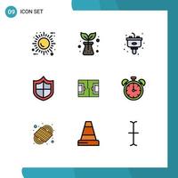 grupo de 9 signos y símbolos de colores planos de línea rellena para elementos de diseño de vectores editables antivirus de seguridad de eliminación de fútbol deportivo