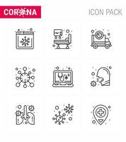 CORONAVIRUS 9 Line Icon set on the theme of Corona epidemic contains icons such as  medical virus pandemic corona disease viral coronavirus 2019nov disease Vector Design Elements