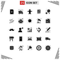 Group of 25 Modern Solid Glyphs Set for video multimedia party book vehicles Editable Vector Design Elements