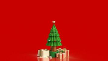 el árbol de navidad y la caja de regalo sobre fondo rojo para el concepto de vacaciones 3d renderizado foto
