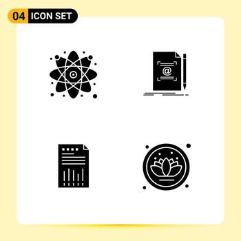paquete de 4 signos y símbolos de glifos sólidos modernos para medios de impresión web, como hojas de cálculo de investigación, datos de texto científico, elementos de diseño de vectores editables