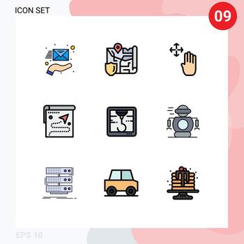 Filledline Flat Color Pack of 9 Universal Symbols of printer destination hand target map Editable Vector Design Elements