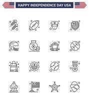 16 USA Line Signs Independence Day Celebration Symbols of sport football man american protection Editable USA Day Vector Design Elements