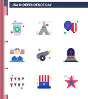 Pack of 9 USA Independence Day Celebration Flats Signs and 4th July Symbols such as weapon canon celebrate army american Editable USA Day Vector Design Elements