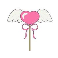 Lollipop Cute Pink Heart with Wings and Bow in Retro Groovy Style vector