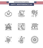 Big Pack of 9 USA Happy Independence Day USA Vector Lines and Editable Symbols of flag white bloons usa house Editable USA Day Vector Design Elements