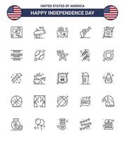 Line Pack of 25 USA Independence Day Symbols of invitation weapon map hand location pin Editable USA Day Vector Design Elements