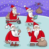 cartoon Santa Clauses characters with Christmas gifts vector