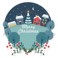 Merry Christmas card with town tree snow berries