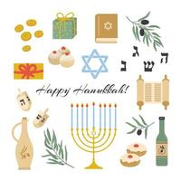 Hanukkah collection of design elements with menorah, sufganiyot, presents, dreidel, coins, oil vector