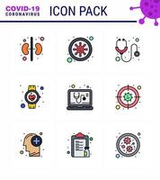 Corona virus 2019 and 2020 epidemic 9 Filled Line Flat Color icon pack such as medical smart watch hospital pulse healthcare viral coronavirus 2019nov disease Vector Design Elements