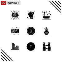 Modern Set of 9 Solid Glyphs Pictograph of movie mask pie chart mardi gras network Editable Vector Design Elements