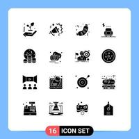 Group of 16 Modern Solid Glyphs Set for investment power fast electric car Editable Vector Design Elements
