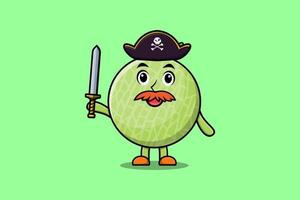 personaje de dibujos animados lindo melón pirata con espada vector