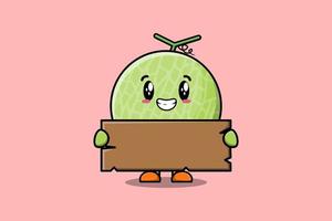 lindo melón de dibujos animados con tablero de texto de madera en blanco vector