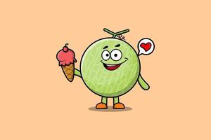 lindo personaje de dibujos animados de melón con helado vector