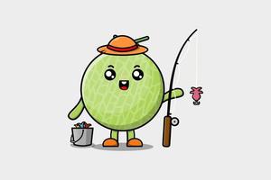 lindo personaje de pesca listo de melón de dibujos animados vector
