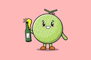 lindo personaje de dibujos animados melón con botella de refresco vector