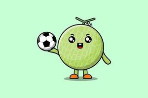 lindo personaje de dibujos animados de melón jugando al fútbol vector