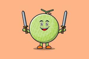 lindo personaje de dibujos animados de melón con dos espadas vector