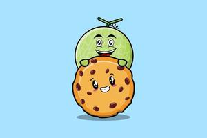 lindo personaje de dibujos animados de melón escondido en galletas vector