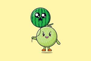 lindo flotador de melón de dibujos animados con globo de sandía vector