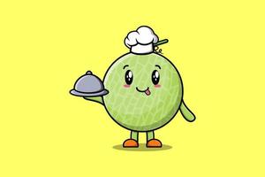 Cute dibujos animados chef melón mascota servir comida en bandeja vector