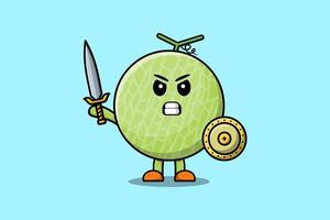 lindo personaje de dibujos animados melón con espada vector